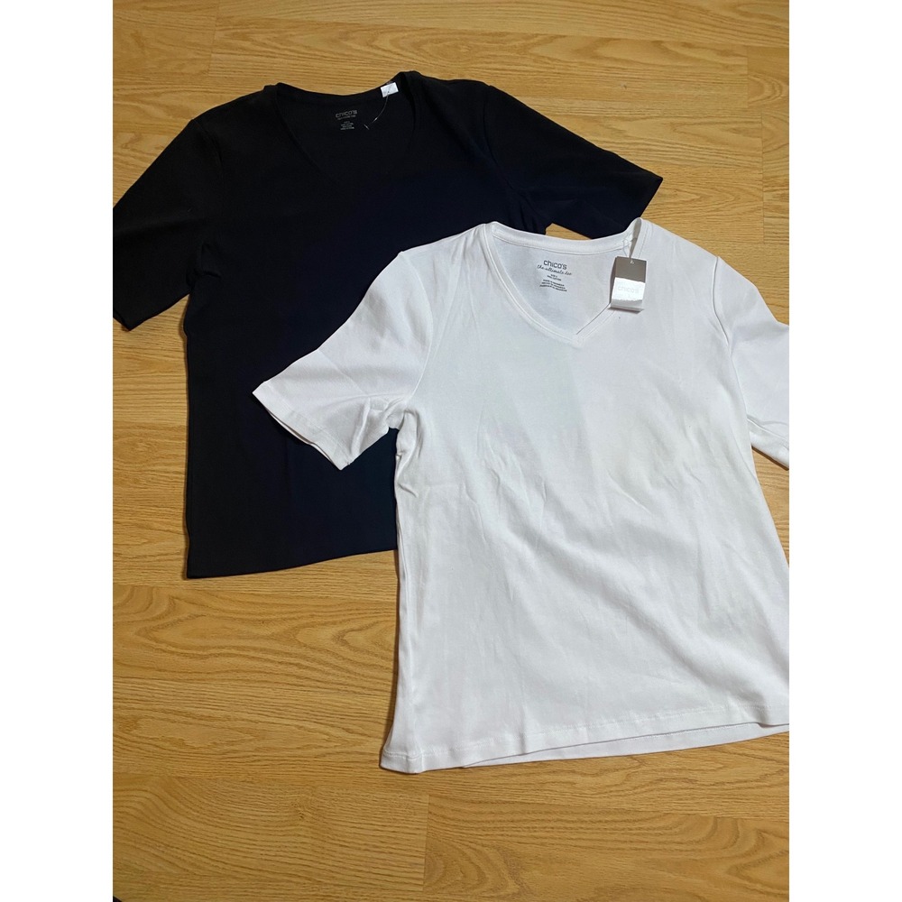 Chicos The Ultimate Tee Gemma Elbow V Neck Cotton Top Lot 2 White Black 2 L NWT